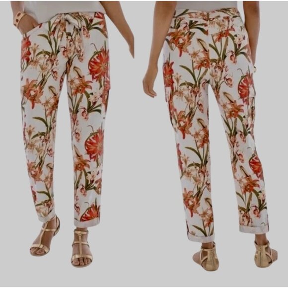 Chico’s Floral Utility Cargo Ankle Pants Tie Belt Size 2 L/12 Tencel Boho Pants - Picture 1 of 8